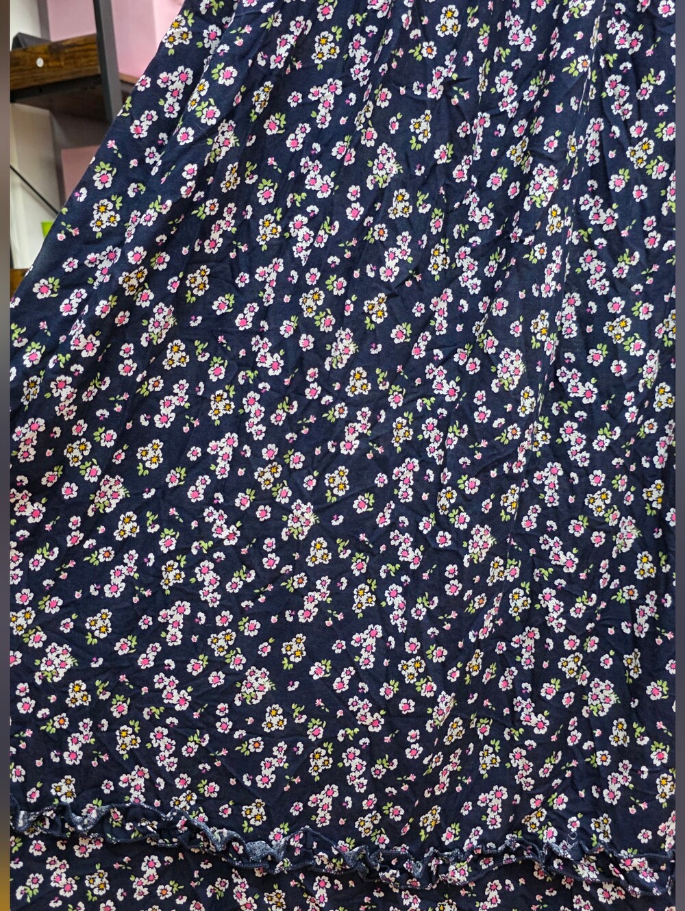 Birch And Stone Smocked Navy Floral Maxi Dress Raw Hem Sz Small - Picture 7 of 9